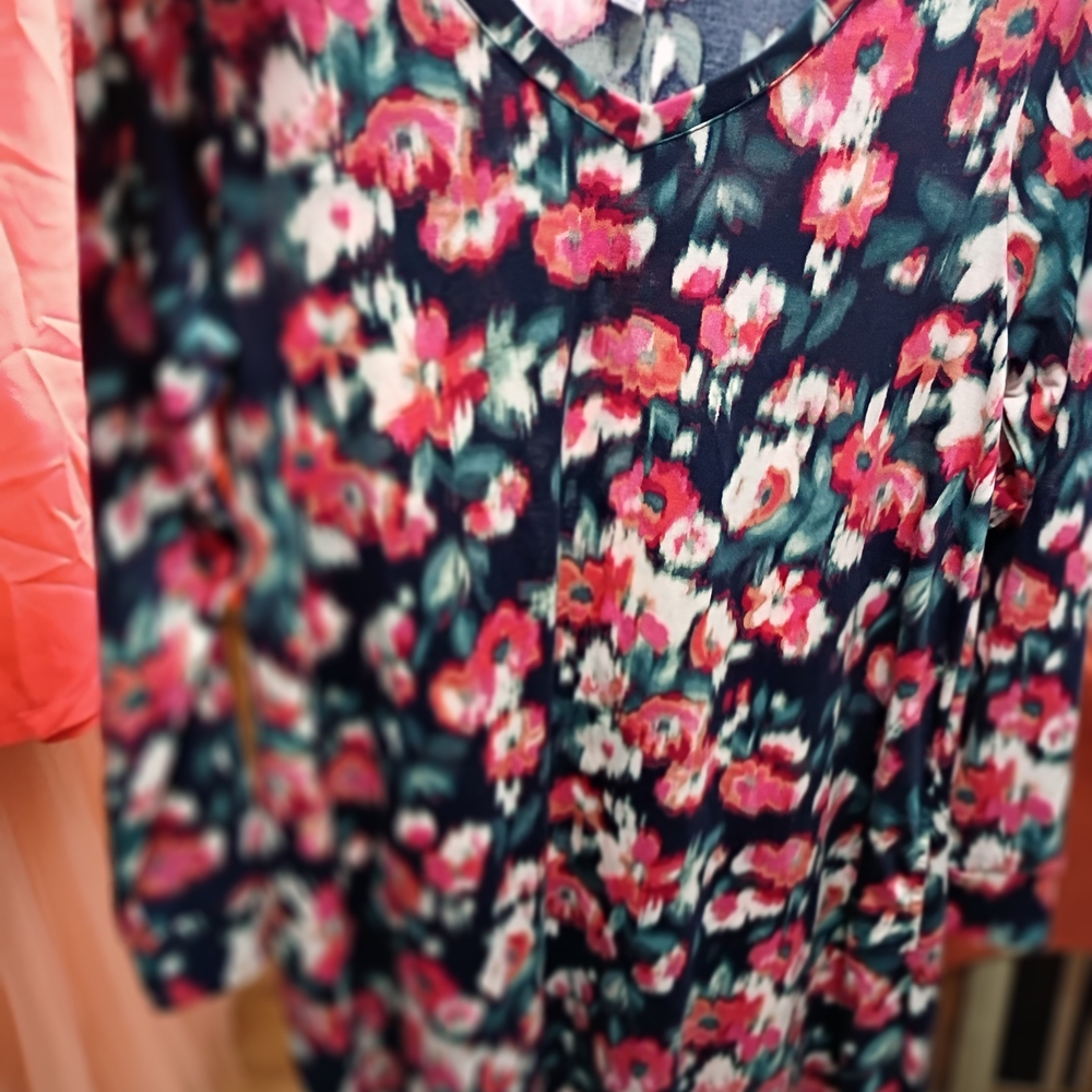 LuLaRoe Floral V-Neck Blouse - Pink and Navy